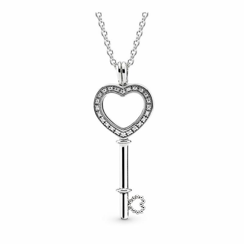 Pandora Floating Locket Heart Key Necklace Ireland - Sterling Silver/Mixed Material/Cubic Zirconia -